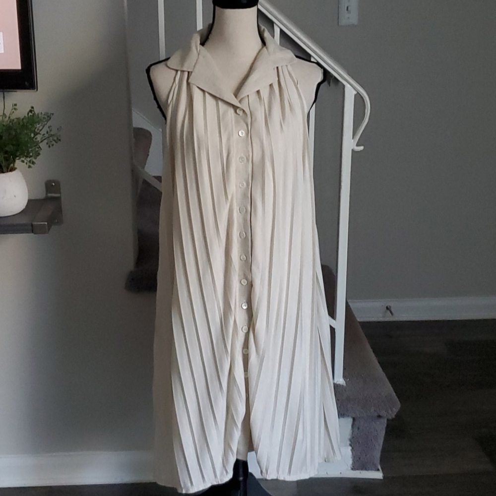 Billy Reid Cream Pleated Sleeveless Shirt Dress